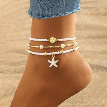 Qceasiy Starfish Ankle Bracelets for Women, Boho Beaded Beach Anklets Set | Gold-plated layered anklets in seashell, disc, and conch styles, with stretch or adjustable fits for summer beach outfits. - color: Gold 1