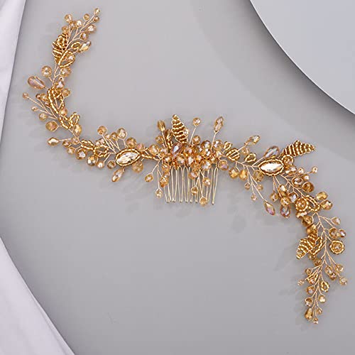 Chargances Crystal Beaded Bridal Pearl Leaf Hair Comb Rhinestone Handmade Headpiece for Wedding Prom Flower Girl (Orange) - color: Orange