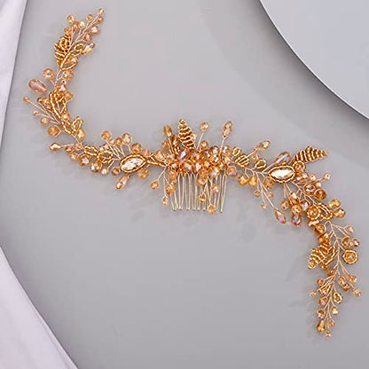 Chargances Crystal Beaded Bridal Pearl Leaf Hair Comb Rhinestone Handmade Headpiece for Wedding Prom Flower Girl (Orange) - color: Orange