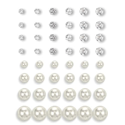 24 Pairs Pearl Studs Earrings for Women, Faux Simulated Pearl Earrings 4 Mixed Sizes Round Ball Pearls Stud Earring Set - color: Beige, Clear