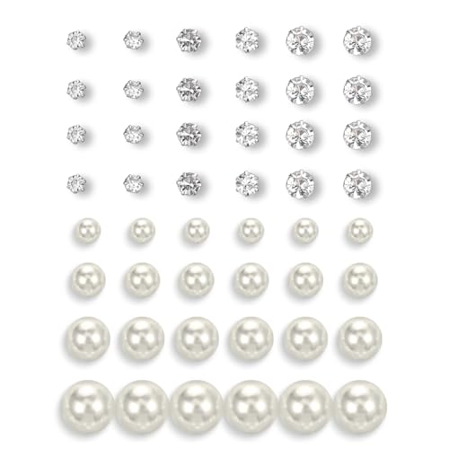 24 Pairs Pearl Studs Earrings for Women, Faux Simulated Pearl Earrings 4 Mixed Sizes Round Ball Pearls Stud Earring Set - color: Beige, Clear