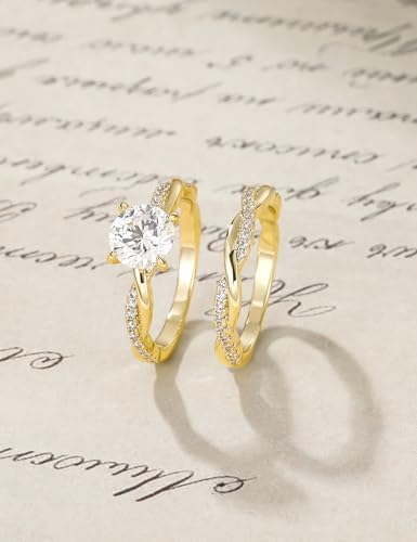 Mameloly 1.5ct Engagement Rings for Women Round Bridal Ring Sets Cubic Zirconia Wedding Band Twisting Infinity Pave Set Size 3-12 - color: 14K Gold Plated
