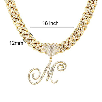 Initial Necklaces Silver Cuban Link Chain for Women Iced Out Chain with Heart Letter Pendants Custom Chain Name Necklace Hip Hop Jewelry Gift - color: M Gold