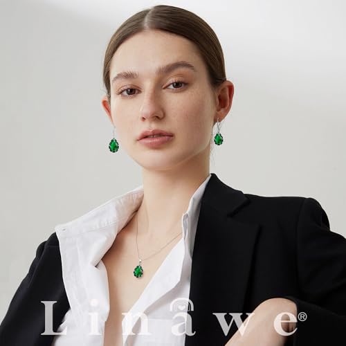 Linawe Crystal Jewelry Sets for Women, Imitation Diamond Pendant Necklace, Rhinestone Drop Dangle Earrings, Birthstone Cubic Zirconia Matching Wedding Jewelry, 14K Gold/Rose Gold/Silver Tones - color: Silver,Emerald,May