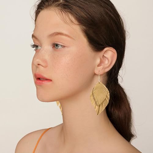Handmade Bohemian Large Soft Genuine Leather Fringe Double Feather Dangle Drop Earrings Lightweight Simple Color PU Leaf Hook Earrings for Women - color: Beige
