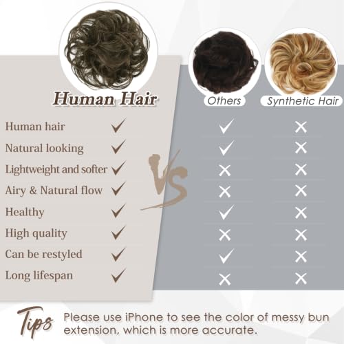 RUWISS 100% Human Hair Bun Small Messy Bun Hair Piece for Women Layered Wavy Hair Buns Updo Hairpiece for Daily Wear Scrunchies Ponytail Extension (Dark Brown) - color: Dark Brown