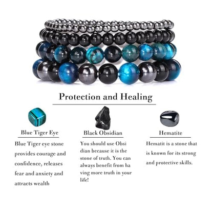 Vinswet 4pcs Beaded Bracelets for Women,Natural Healing Crystal Gemstones Bracelet,Anxiety Stress Relief Bracelet Handmade purple Jewelry Gifts for Women - color: Blue Tiger Eye&Black Obsidian&Hematite