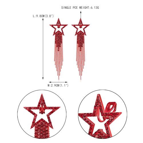 EVER FAITH Crystal Long Waterfall Star Tassel Clip-on Earrings for Women | Rhinestone Beaded Fringe Chandelier Dangle Statement Earring, Wedding Party Jewelry - color: Red Red-Tone
