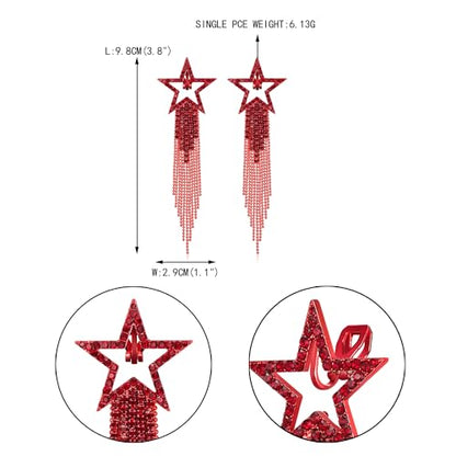 EVER FAITH Crystal Long Waterfall Star Tassel Clip-on Earrings for Women | Rhinestone Beaded Fringe Chandelier Dangle Statement Earring, Wedding Party Jewelry - color: Red Red-Tone