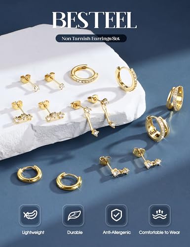 BESTEEL 7Pairs Hypoallergenic Gold Plated Earrings for Women Earring Stacks | Trendy Small Stud Huggie Hoop Earring Stacks Set Surgical Steel Cartilage Helix Jewelry for Sensitive Ears Birthday Gifts - style: G- Double