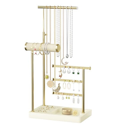 SZQINJI 5 Tier Jewelry Holder Organizer, Gold Necklace Stand Display, Beige | Velvet Bracelet Holder, Adjustable Height Jewelry Display for Necklaces, Bracelets, Earrings, Rings, Gift Idea for Women - color: Beige