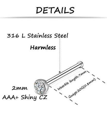 100Pcs Bone Nose Studs Stainless Steel Multicolor Cubic Zirconia Nose Rings Stud Hoop Tragus Cartilage Nose Ring Labret Nose Piercing Pin Jewelry for Women Men 1.5mm 2mm 2.5mm 20G 22G - style: B:60Pcs 2mm CZ+40Pcs 8mm Nose hoop