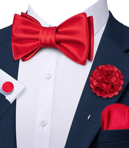 YOHOWA Bow Ties for Men Self-tied Silk Bowtie Solid Color with Lapel Pin and Handkerchief Cufflinks for Wedding Party Prom - color: Red Soild