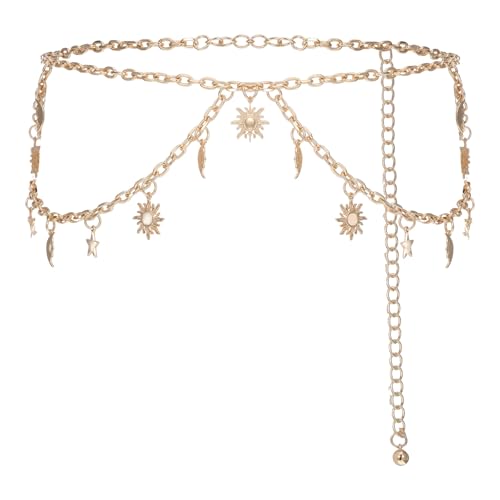 Gold Waist Chain, Sun Moon Star Waist Chain | Decorative Metal Belt for Women Jeans Pants Dresses - Fits Size 23-45 inch