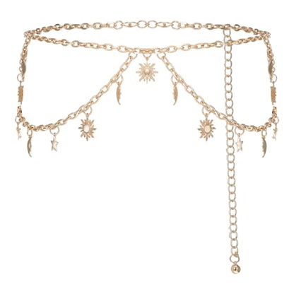 Gold Waist Chain, Sun Moon Star Waist Chain | Decorative Metal Belt for Women Jeans Pants Dresses - Fits Size 23-45 inch