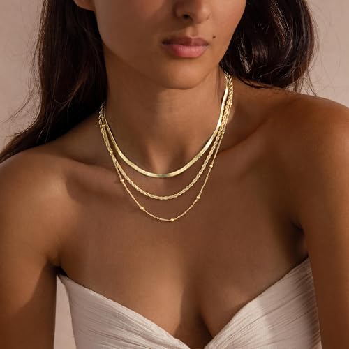 Turandoss Layered Necklaces for Women, 14K Gold Plated Chain Necklace Stack | Non Tarnish Gold Necklaces for Women, Toggle Clasp Herringbone Rope Satellite Cuban Link Chain Necklace, Trendy Jewelry Gifts - color: herringbone+satellite+rope-2