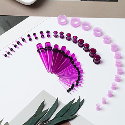 50 Pcs Ear Gauges Stretching Kit 14G-00G | Acrylic Tapers and Plugs Silicone Tunnels, Gauge Expanders Stretching Kit, Piercing Earring Jewelry for Men and Women - color: Purple