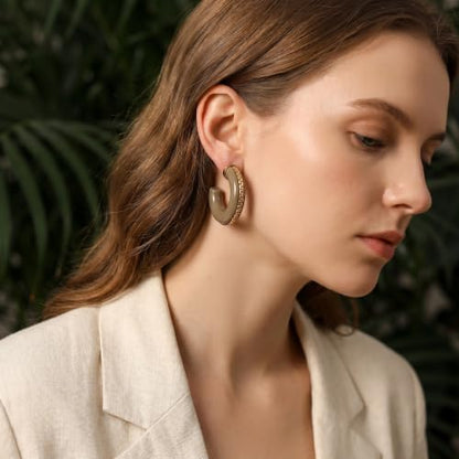 Gold Plated Resin Chunky Hoop Earrings Hypoallergenic Push Back Hoops for Sensitive Ears - color: taupe