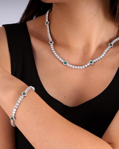 LuxeFlex 4mm Iced Out Four Leaf Tennis Chain,White Gold Plated with 5A Zircon Stones, exquisite Handmade Hip Hop Bling Necklace Perfect Unisex Jewelry Gift - color: White Gold-Green, size: 18 INCH