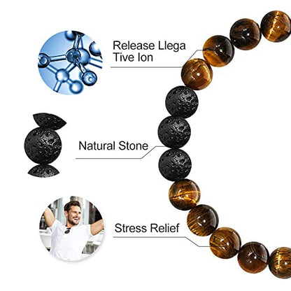 M MOOHAM Mens Bracelet - Beaded Natural Stone 8mm Tiger Eye Matte Agate Lava Rock Bracelets for Men Teen Boys Grandpa Dad Birthday Gifts Jewelry - style: " Tiger eye&Lava Rock Bracelets
