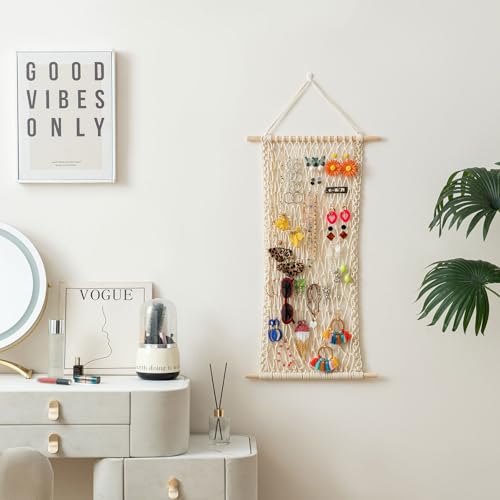 Hanging Jewelry Mesh Organizer with 20 Pieces S Shape Hooks | Macrame,Wall Mounted,Necklaces Storage,Earring Display Rack,Girls Hair Clips Hanger,for Bracelets and Rings, Yellow Cotton - color: Yellow cotton