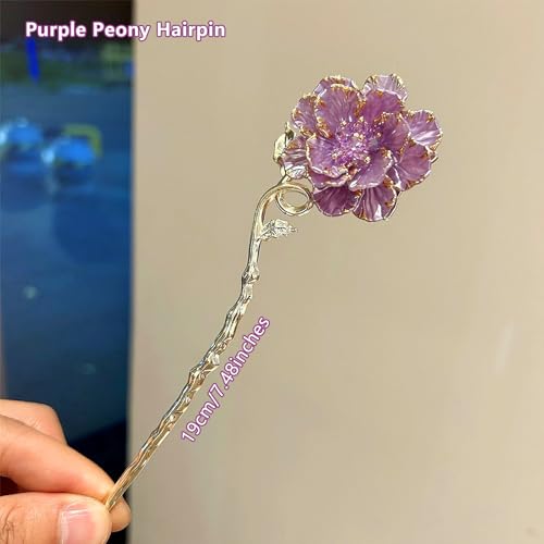 2 Pcs Peony Hair sticks for buns,Hair pins for women,Buns and Updos with No Hair Damage,Metal French Pin Great Hold,Suitable for fine & thick hairUS375 (Purple + White) - color: Purple + White