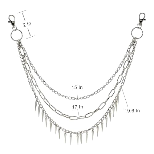 Hip Hop Punk Pants Chain Wallet Chain, Unisex Rivet Spike Jeans Pocket Chain Goth Belt Chain for Women Men Biker Rocker Pants Accessories - color: 【Chain-03】3-Layer Spike（Silver）