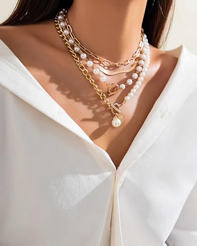 Gold Layered Necklaces for Women Chunky Layered Gold Necklaces Stacked Paperclip Chain Pearl Necklace Herringbone Toggle Clasp Choker Trendy Statement Jewelry Gifts - color: A1:gold layered necklace