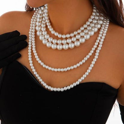 Chunky Long Layered Pearl Necklaces for Women 1920s Multi Strand Layering Faux Pearls Pendant Necklace Vintage Large Stack Statement Jewelry