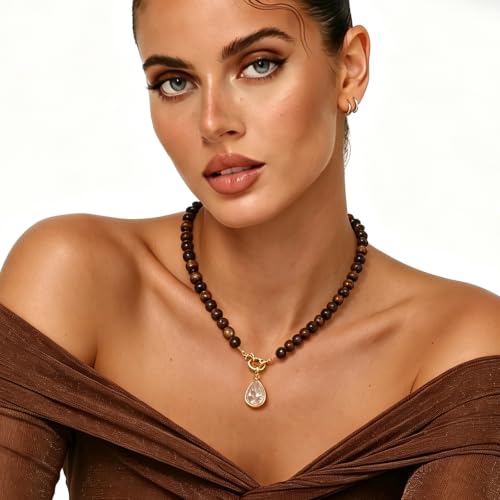 Beaded Gemstone Necklaces for Women Boho Beaded Choker Necklace | CZ Diamond Water Drop Pendant Necklace Natural Stone Jewelry Gifts - color: Brown