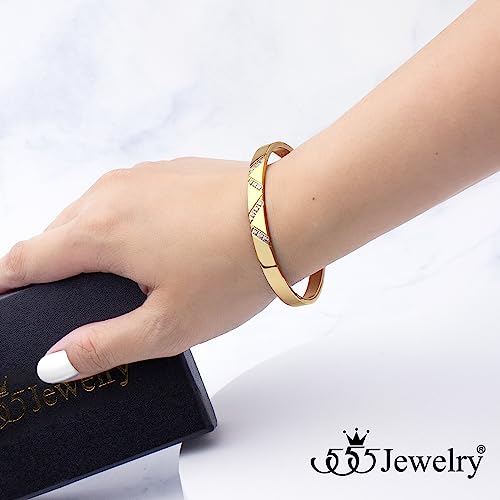 555Jewelry Womens Sparkling Cubic Zirconia Secure Hinge Lock Bangle Stainless Steel Bracelet - color: Yellow Gold Style 2