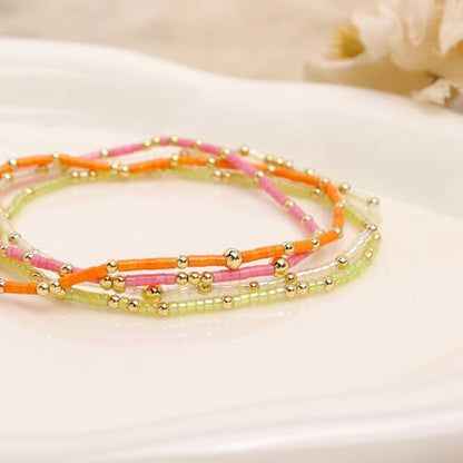 Gold Seed Beaded Bracelets Set for Women, Boho Handmade Friendship Stretch Summer Beach Jewelry Gift. - color: 2001D