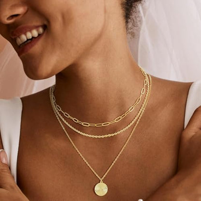 MFRYK Gold Necklaces for Women,14K Gold/Silver Plated Choker Layered Necklace Dainty Pearl Disc Cross Circle Heart Pendant Chain Stackable Necklaces, Multilayer Jewelry Set Gifts for Women - style: 3Layered Disc-GD