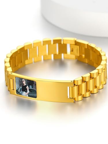 ChainsHouse Men Stainless Steel Bracelet Adjustable Custom ID Engraved Gift | Personalized Silver/Gold/Black for Birthday Father Husband Boyfriend with Gift Box Adjustable Tool 10mm/15mm/15.5mm 8.3"/8.7" - color: M.15mm width-Gold-Photo Custom
