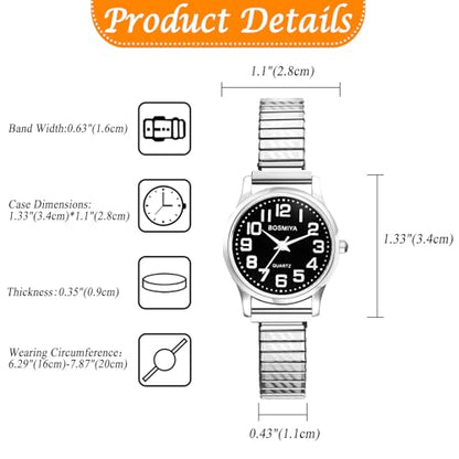 Avaner Stretch Band Wrist Watches: Elastic Strap Bangle Big Number Easy Reader Analog Quartz Wristwatch for Men Women - color: Silver Band Black Dial (for women)