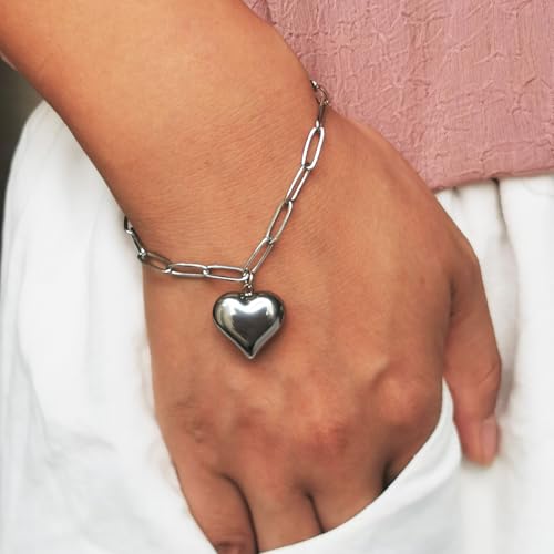 Stainless Steel Puffy Heart Charms Paperclip Chain Bracelet | Paper Clip,for Women,Love - color: Silver Color