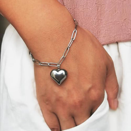 Stainless Steel Puffy Heart Charms Paperclip Chain Bracelet | Paper Clip,for Women,Love - color: Silver Color