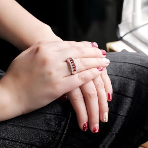 Uloveido Beautiful Women's 7 Stones Wedding Band Oval Cubic Zirconia Engagement Anniversary Rings J501 - color: Platinum-Red