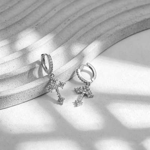 NEWITIN CZ Cross Earrings for Men Women 14K Gold Plated Huggie Hoop Earring | Hypoallergenic, 5A+ Cubic Zirconia, Cartilage Earring, Sensitive Ears, Silver Gold, Men Hoops Dangling, Cross Diamond Earring - color: Silver A