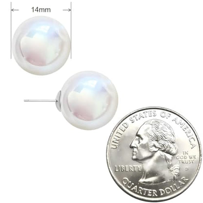 White Faux Pearl Stud Earrings, S925 Silver Posts Hypoallergenic for Women - color: Pinkish White, size: 14mm