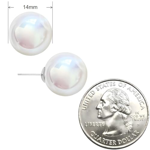 White Faux Pearl Stud Earrings, S925 Silver Posts Hypoallergenic for Women - color: Pinkish White, size: 14mm