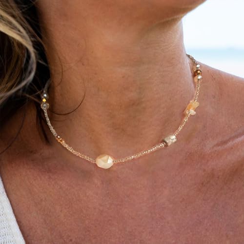 Beaded Necklaces for Women Summer Beach Beaded Necklace Bead Choker Boho Necklaces for Women Handmade Summer Jewelry Stainless Steel 18K Gold Plated - color: Champagne
