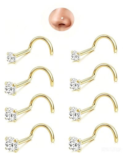 8Pcs 20G Gold/Silver 316L Surgical Stainless Steel L Shaped Corkscrew Nose Studs earrings, Hypoallergenic Nickel Free Tiny Clear Cubic Zirconia Nose Piercing Jewelry 2mm‑4mm,cartilage piercings, Minimalist Dainty Body Piercing Accessories for Sensitive Sk