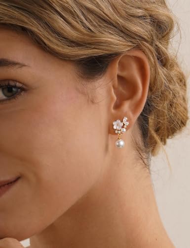 Freekiss Pearl Earrings for Women Trendy: Flat Back Stud Earrings 14K Gold Plated/925 Sterling Silver Freshwater Pearl Dangle Earrings Cute Bow Earrings Wedding Jewelry Birthday Gifts for Women Girls - style: Flower Pearl-GD