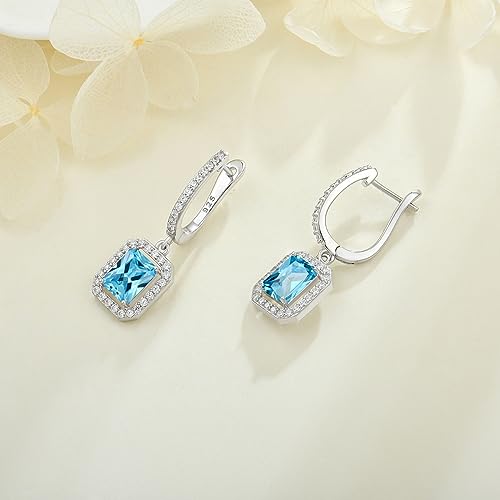 Women's Solitaire Dangle Drop Earrings 925 Sterling Silver Pure Square Huggie Earrings Hoop Dangle Drop Earrings Jewelry Gift - color: 03-aquamarine-Mar