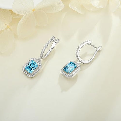 Women's Solitaire Dangle Drop Earrings 925 Sterling Silver Pure Square Huggie Earrings Hoop Dangle Drop Earrings Jewelry Gift - color: 03-aquamarine-Mar