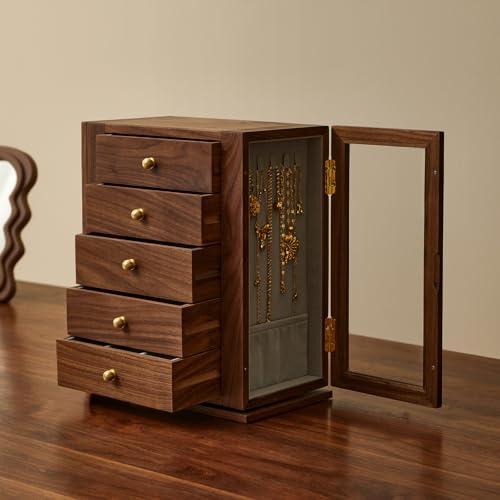 360 Rotating Design Wooden Jewelry Box for Women | Large Jewelry Organizer with Velvet Lining, 5 Drawers, Transparent Glass Doors, Black Walnut Wood Grain - size: Rotation