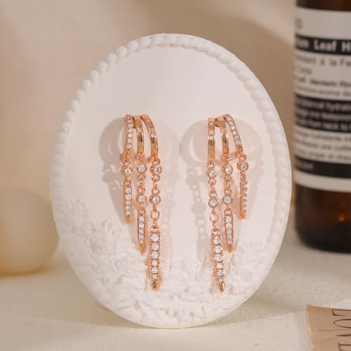 Dangle Earrings for Women,14k Gold Plated Triple Huggie Stud Earrings Cute Statement Chain Earring Dainty Drop Earrings for Women Trendy Gold Plated Jewelry - color: rose gold- dangle3