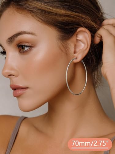 FaithHeart Silver/Black/Gold Stainless Steel Thin Hoop Earrings for Women | 2mm Wide Thin Large Hoop Earrings, Hypoallergenic Lightweight Trendy Jewelry, 20/30/40/50/60/70/80/90/100mm - color: Silver, size: 70mm/2.75"