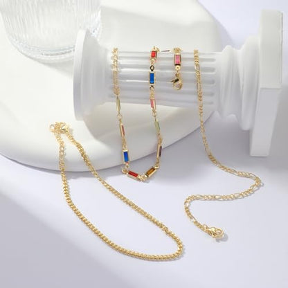 Rotnso Anklets for Women 14K Gold Silver Plated Ankle Bracelets Trendy Waterproof Boho Anklets Set Adjustable Dainty Cute Diamond Beaded Heart Non Tarnish Summer Beach Jewelry Gift - style: 3Pcs Cuban&Baguette&Figaro-GD